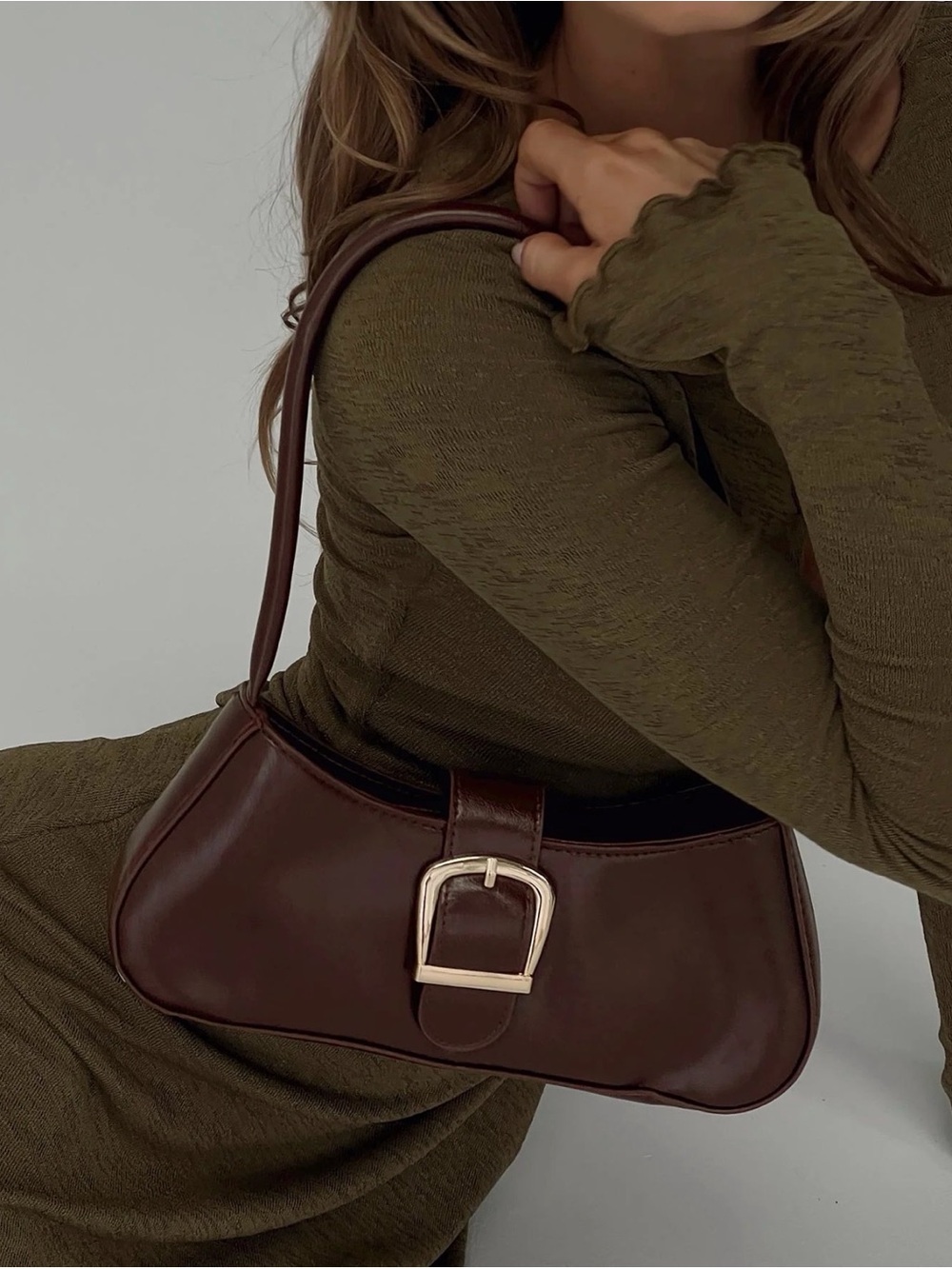 Princess Polly Women’s Brown Leather Shoulder Bag with Gold Buckle